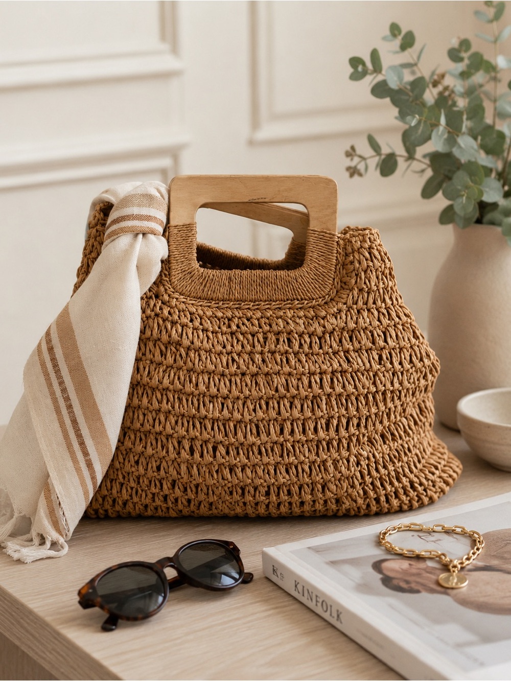 Woven Straw Tote Bag with Wood Handle - Brown